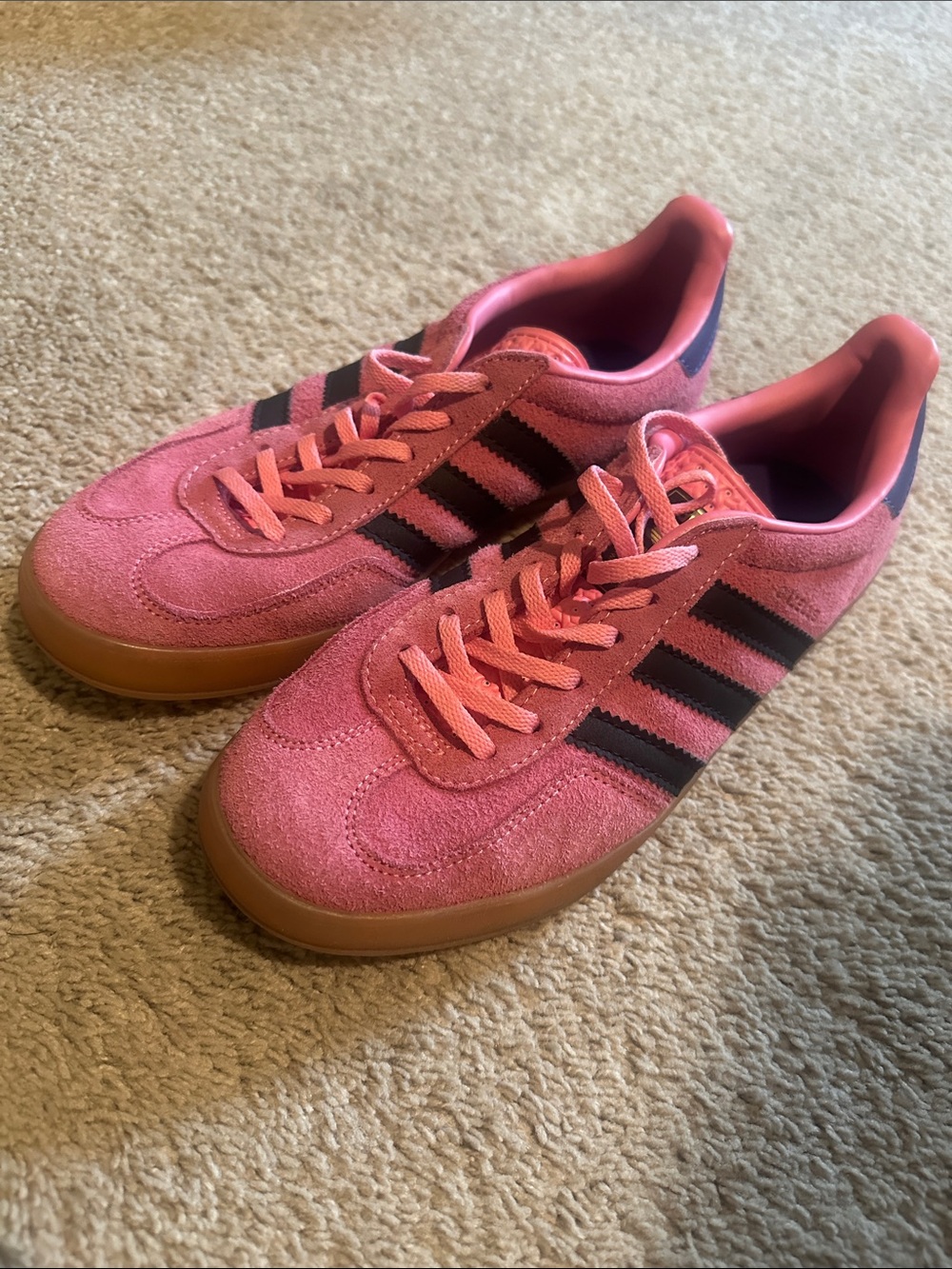 Adidas Gazelle Pink Suede Sneakers with Navy Stripes